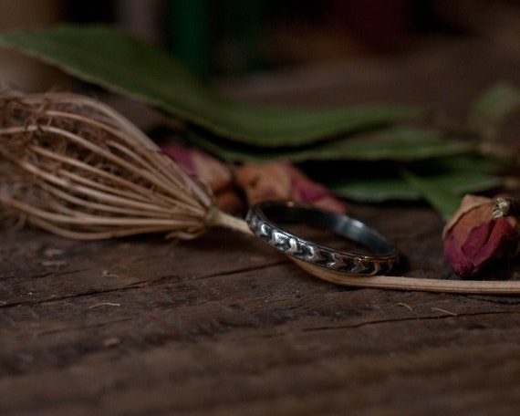 Love heart pattern stacking ring, alternative wedding band with heart design in sterling silver or your choice of gold. rustic stacking set