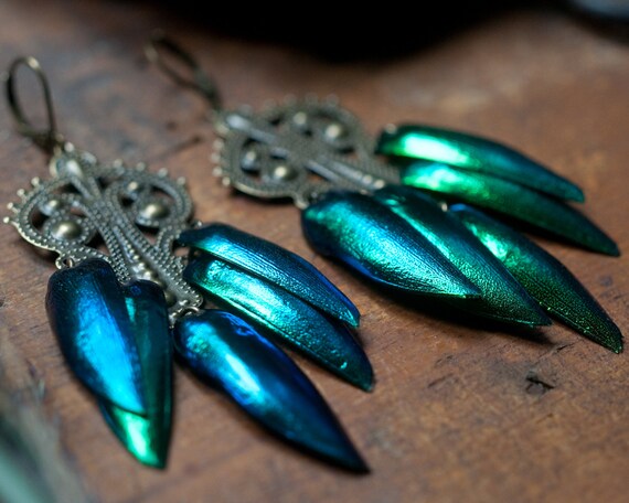 Vintage brass and Jewel Beetle elytra chandelier earrings, upcycled and repurposed for witchy folk