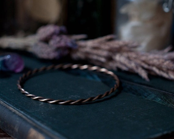 Twisted wire bracelet, oxidised brass bangle, sterling silver bangle, skinny stacking bangle, boho bracelet, love token, Valentine gift.