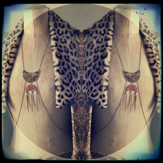 Body armour chain with brass and copper moons and freshwater pearl shooting stars. Festival or ritual wear for lovers of the lunar goddess.