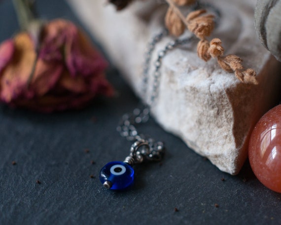 Evil eye necklace with Nazar blue glass and oxidised sterling silver, a spiritual protection good luck and karma amulet and witchy gift