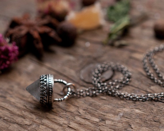 Rock crystal and sterling silver Apex pendant necklace, quartz bullet cone set into gallery wire bezel, natural amulet, magick talisman