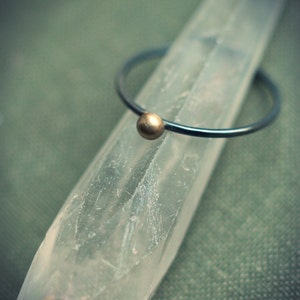 Skinny stacking ring, blackened sterling silver with 14k gold button, gold bead ring, black and gold, recycled gold, modern minimal ring.