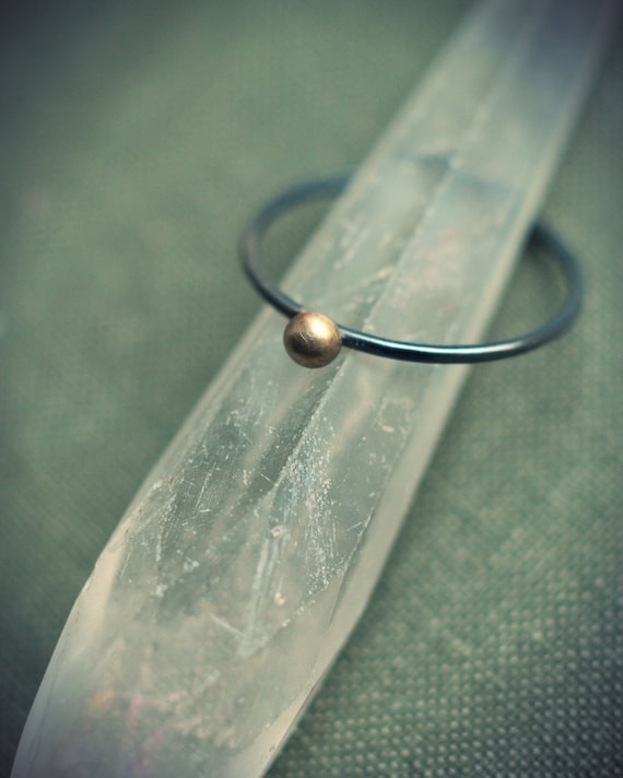 Skinny stacking ring, blackened sterling silver with 14k gold button, gold bead ring, black and gold, recycled gold, modern minimal ring.