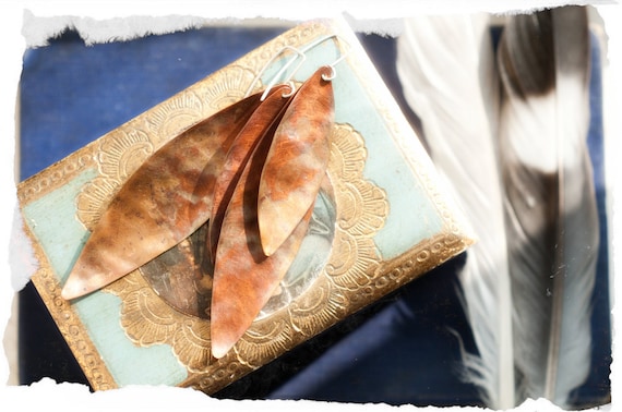 Large copper leaf earrings, with flame coloured rainbow patina and hammered shaped leaf design, mixed metal fall jewelry gift