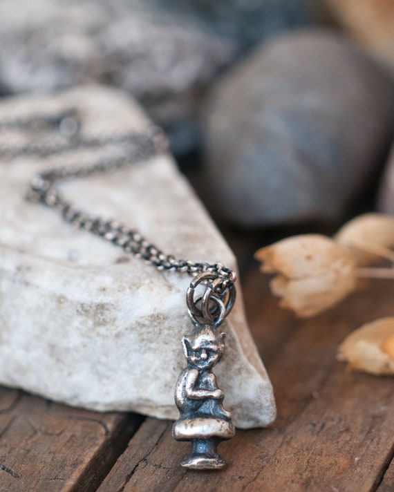 Cornish Piskie necklace in sterling silver cast from a vintage charm, a traditional folk magic charm for luck