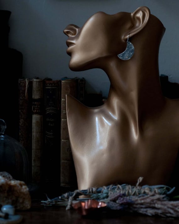 Sterling silver crescent moon earrings, hammered 925 silver, textured and oxidised, large crescent earrings, moon phase jewellery.