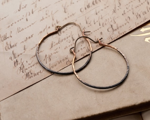 Rustic hoop earrings, ombre sleepers in brass with hammered finish, medium size hoops, boho hoop earrings.