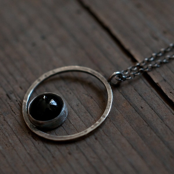 Horizon necklace, circle pendant, black onyx and sterling silver, modern geometric symbol, gender neutral unisex jewellery, KREIS collection