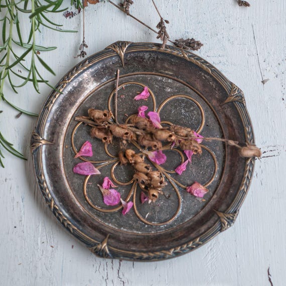 Vintage silver plated plate and altar tool, Art Nouveau style for offerings, Potpourri or trinkets, a witchy gift for under 25