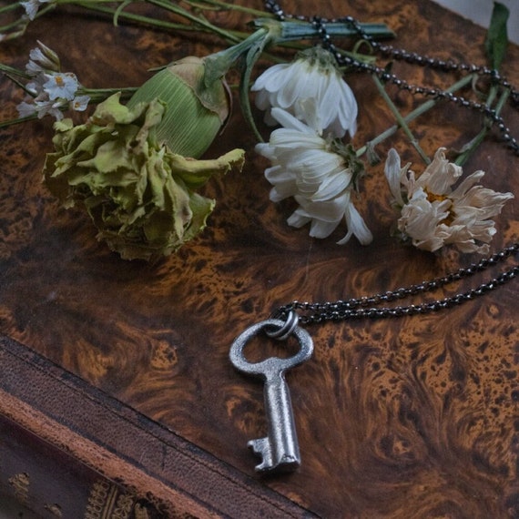 Sterling silver key charm, Hekate amulet, good luck talisman cast from an antique key, oxidised finish, miniature amulet. witch necklace