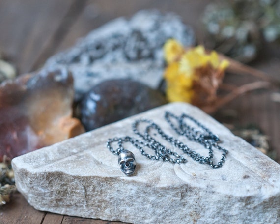 Skull necklace, tiny sterling silver skull pendant, oxidised silver, memento mori jewellery, mourning jewellery, witch necklace, death witch