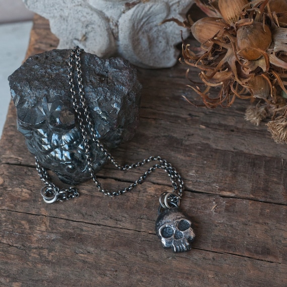 Memento Mori necklace, hand carved human skull pendant, mourning jewellery, death witch necklace, half skull, occult gift.