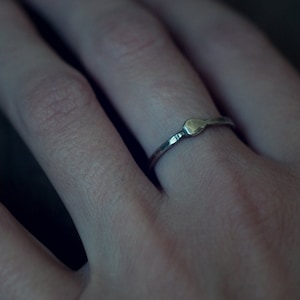 Op de afbeelding: Een eenvoudige zilveren ring met een klein, rond, gehamerd detail.