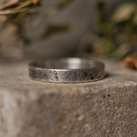 Rustic wedding band, raw and textured solid sterling silver gender neutral wedding ring in 3mm width