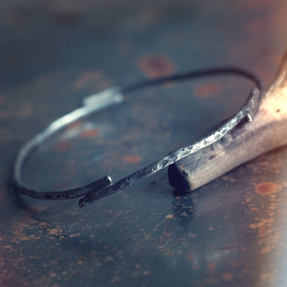 Skinny sterling silver bangle, twig bangle, hammered and oxidised, rustic silver bangle, Kindling bangle, gender neutral, Burnt Offerings