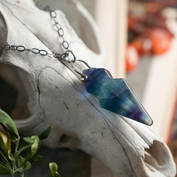 Fluorite pendulum pendant necklace with 22 inch sterling silver chain, a rainbow gemstone for witches of every orientation, gifts under 100