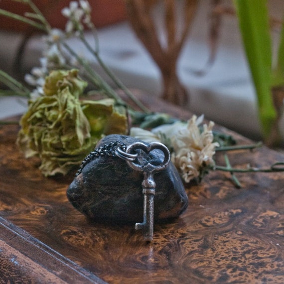 Sterling silver key charm, Hekate amulet, good luck talisman cast from an antique key, oxidised finish, miniature amulet. witch necklace