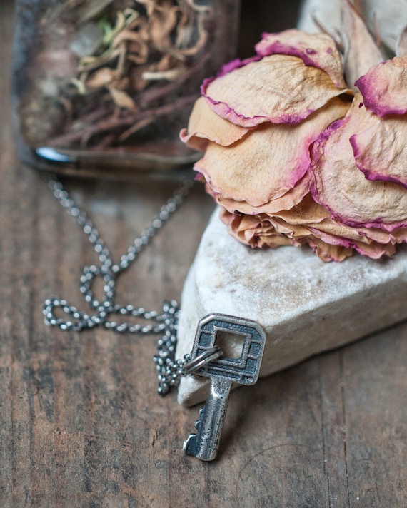Sterling silver key charm, Hekate amulet, good luck talisman cast from an antique key, oxidised finish, miniature amulet. witch necklace