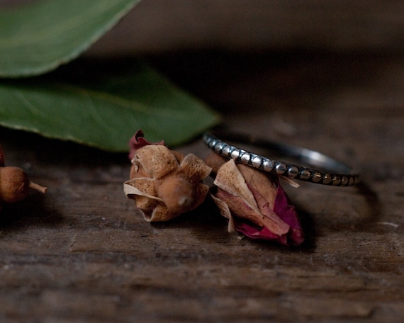 Pattern wire stacking ring, rustic circular bead design in sterling silver or solid gold, alternative wedding ring, gender neutral