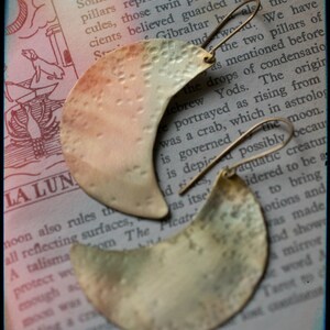 Crescent moon earrings, hammered brass, flame oxidised, large crescent earrings, rainbow patina. image 2