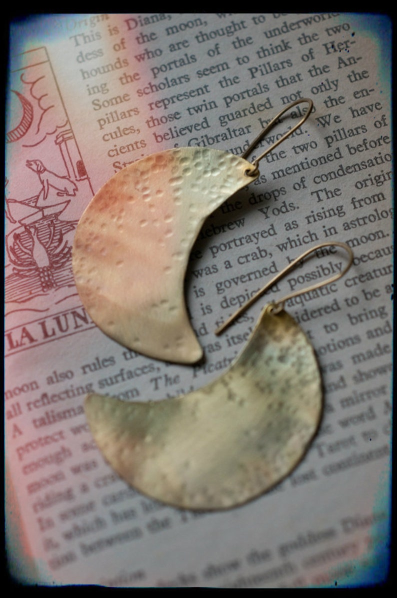 Crescent moon earrings, hammered brass, flame oxidised, large crescent earrings, rainbow patina. image 2