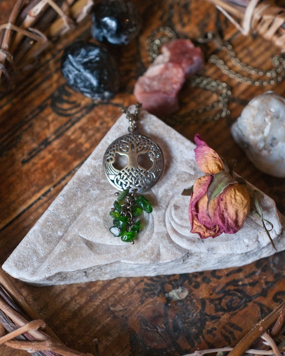 Tree of Life pendant with green diopside cluster, brass and green gemstone necklace, Celtic tree of life, immortality rebirth, Yggdrasill