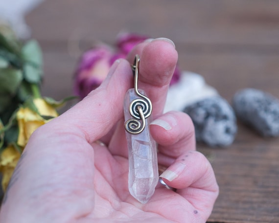 The pathfinder necklace, natural rock crystal quartz point, antique brass spiral, long layering witch necklace, crystal amulet talisman