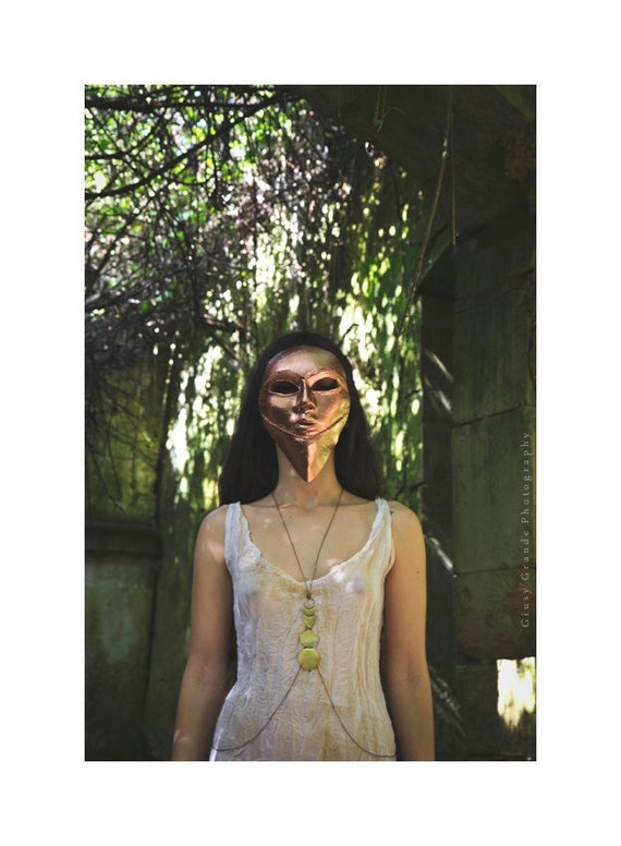 Moon phase geometric body chain, body harness for the lunar cycle in hammered brass, fire oxidised for a rainbow patina. Also in silver.