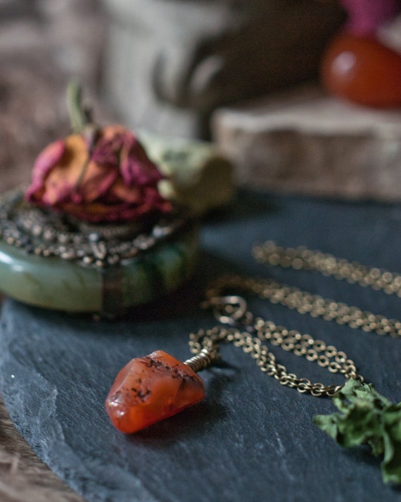 Wire wrapped Carnelian and antiqued brass necklace, using a wire wrapped faceted carnelian nugget as natural amulet, witchy gift