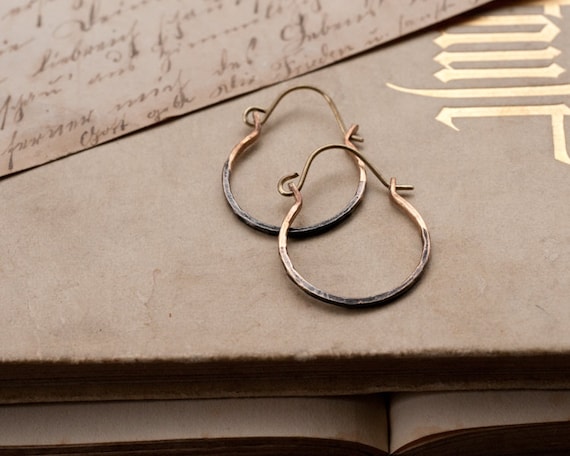 Rustic hammered brass or silver hoop earrings, ombre sleepers, small size hoops.