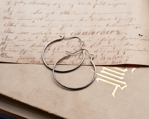 Sterling silver rustic hoop earrings, skinny hoops with ombre patina, easy to wear sleepers.