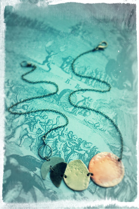 Lunar cycle, moon phase, mixed metal, moon goddess necklace, sterling silver, blackened brass, raw brass, fire oxidised copper