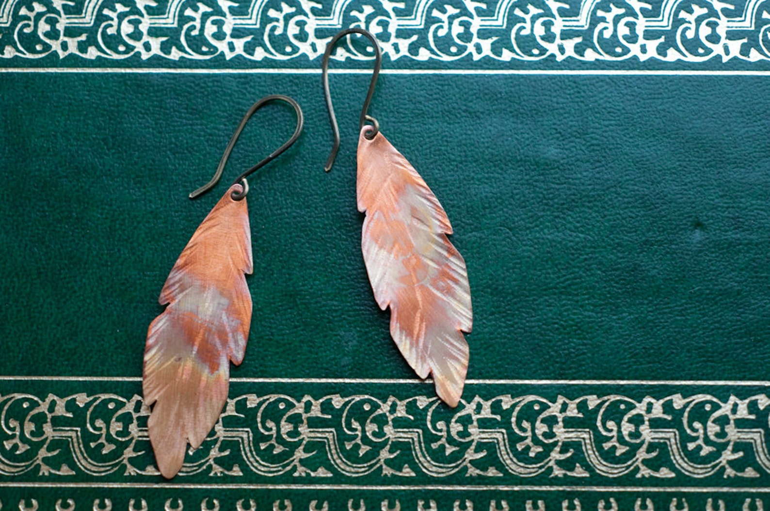 Copper Feather Earrings Fire Oxidised Rainbow Patina Etsy