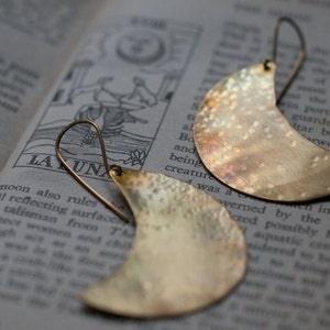 Crescent moon earrings, hammered brass, flame oxidised, large crescent earrings, rainbow patina. image 4