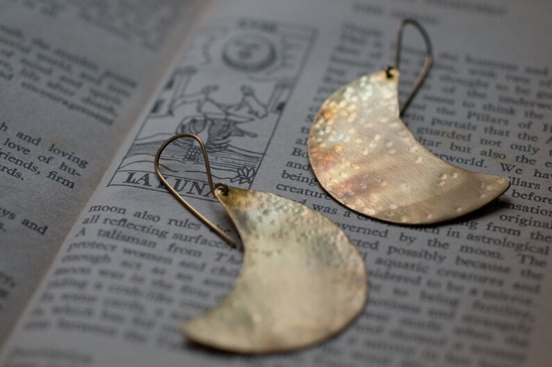 Crescent moon earrings, hammered brass, flame oxidised, large crescent earrings, rainbow patina. image 4