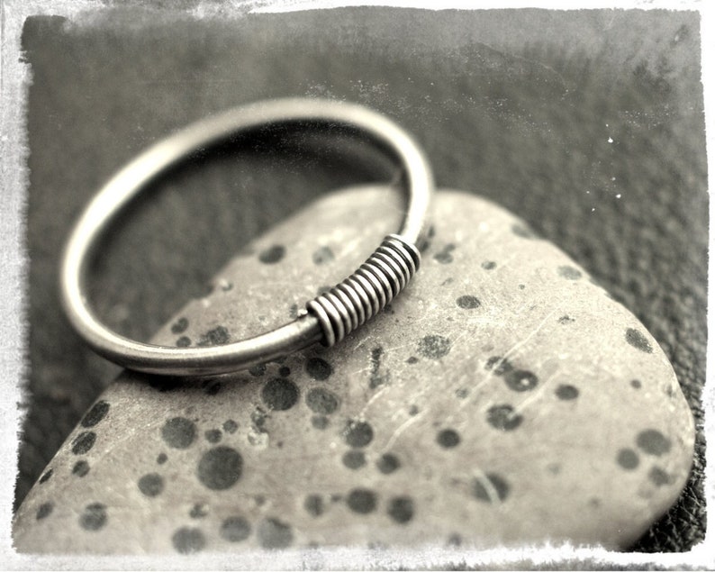 Sterling silver stacking ring with wire wrap detail, skinny stackable ring, minimalist design, oxidised 925 silver, unisex, pinkie ring. image 1