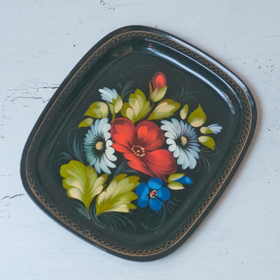 Vintage handprinted floral Zhostova tray, an altar plate for offerings or trinket dish for your special treasures, witchy housewarming gift.