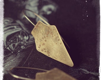 Arrowhead earrings, protection amulet, hammered brass arrowhead, rigid sterling silver ear wires, modern tribal earrings, mixed metal.