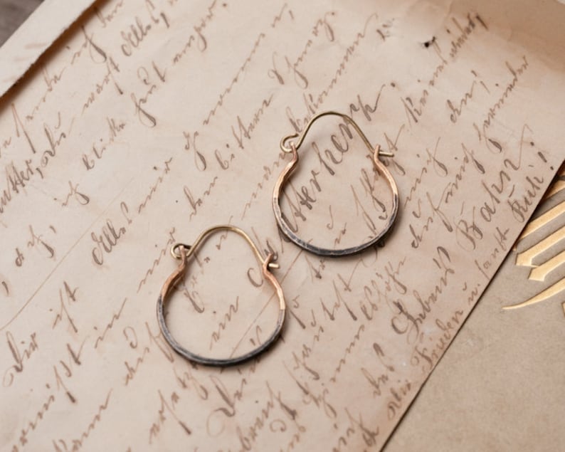 Rustic hammered brass or silver hoop earrings, ombre sleepers, small size hoops. image 4