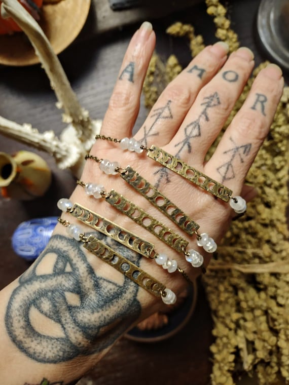 Brass moon phase necklace with rainbow moonstones, choker length, moon goddess, witch jewelry, lunar phase, moonstone necklace.