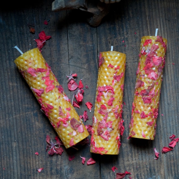 Hand rolled beeswax candles with red geranium petals, a witchy housewarming gift to protect against negative energy and conflict.