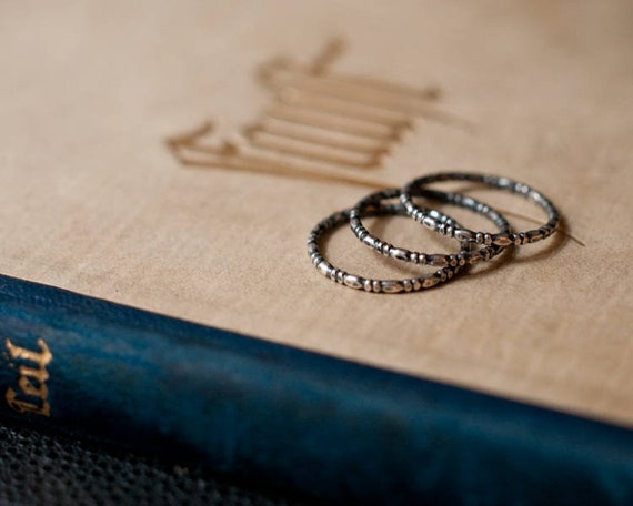 Beaded sterling silver stacking ring, as a single or ring set of skinny bands, minimal and gender neutral.