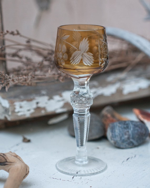 Golden bohemian glass altar goblet, a vintage ritual chalice for a witchy gift or housewarming