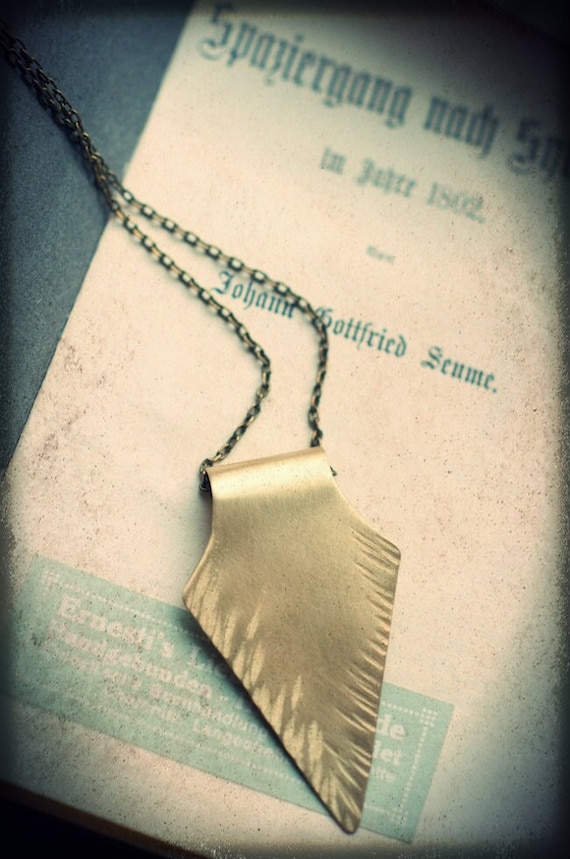 Raw brass arrowhead protection amulet, hammered detail, highly polished, long layering necklace