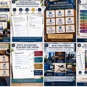 May include: A digital investigation journal titled The Corporate Investigator, featuring 90 pages and 36 investigation files. The product includes structured templates for evidence analysis, forensic reasoning, and investigative thinking for professional use.