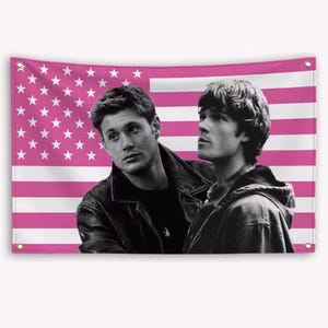 Könnte beinhalten: Ein rechteckiger Wandbehang mit einem schwarz-weißen Fotodruck von zwei Personen in Jacken vor einem rosa-weißen amerikanischen Flaggenmuster. Das Stoffbanner ist an allen vier Ecken mit Metallösen zur Befestigung versehen.