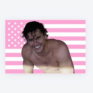 May include: A shirtless person with dark curly hair and a smiling expression is positioned in front of a graphic background featuring the pattern of the American flag rendered in shades of light pink and white instead of the traditional colours.