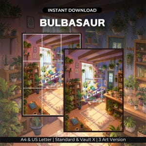 Könnte beinhalten: Ein digitaler Kunstdruck zum sofortigen Download mit einem Bisasam-Charakter in einem sonnendurchfluteten, pflanzenreichen Raum. Das Bild zeigt ein gemütliches Interieur mit Holzregalen, zahlreichen Topfpflanzen und einem Teppich. Text: BULBASAUR, A4 & US Letter.