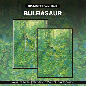 Könnte beinhalten: Ein digitaler Kunstdruck mit einer üppigen Waldszene und einer mittig platzierten Bisasam-Charakterkarte. Der Text lautet INSTANT DOWNLOAD, BULBASAUR und A4 & US Letter | Standard & Vault X | 3 Art Version. Das Bild zeigt dichtes Blattwerk und Ranken.